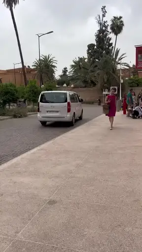 A guest arriving beside a private van in Marrakech